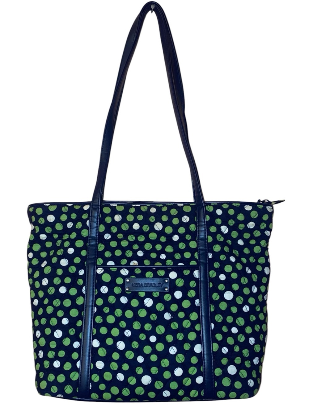 VERA BRADLEY “Lucky Dots” Large Quilted Tote Bag Navy & Lime Green